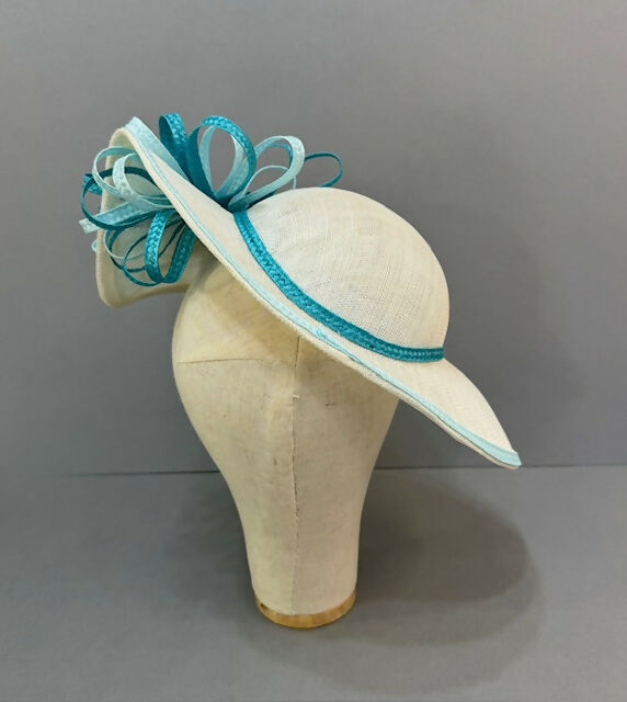 Dramatic Asymmetrical Ivory and Blue Sinamay Occasion Hat