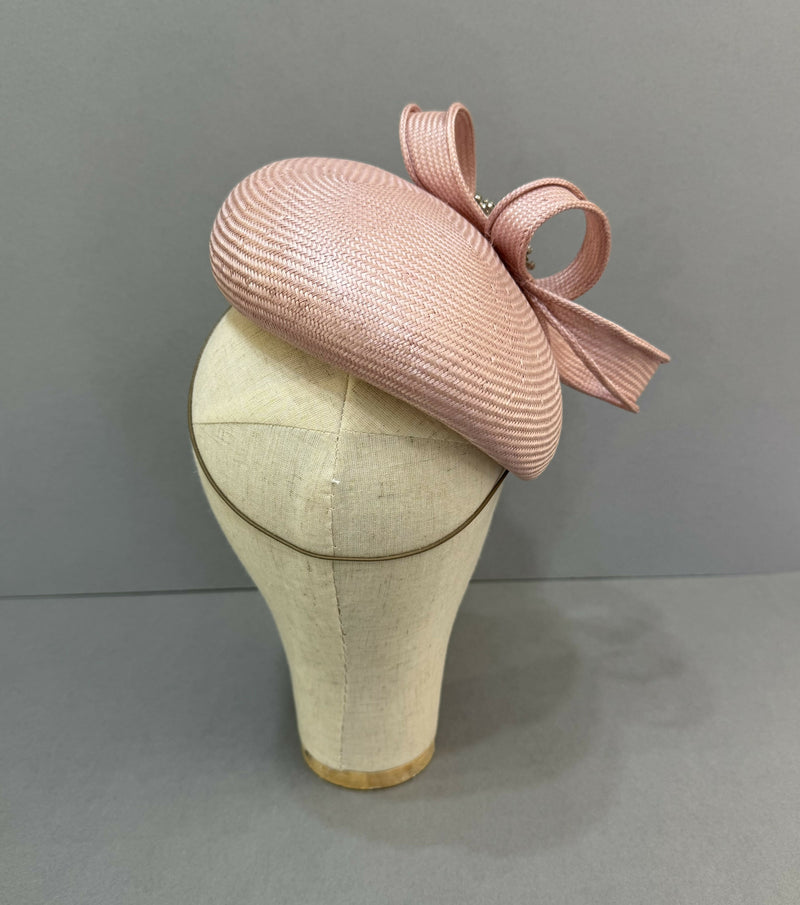Delicate pink parasisal straw percher hat with vintage brooch