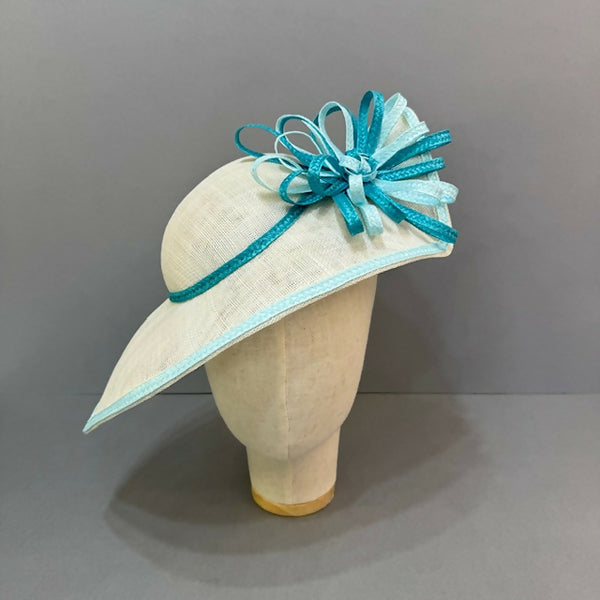 Dramatic Asymmetrical Ivory and Blue Sinamay Occasion Hat