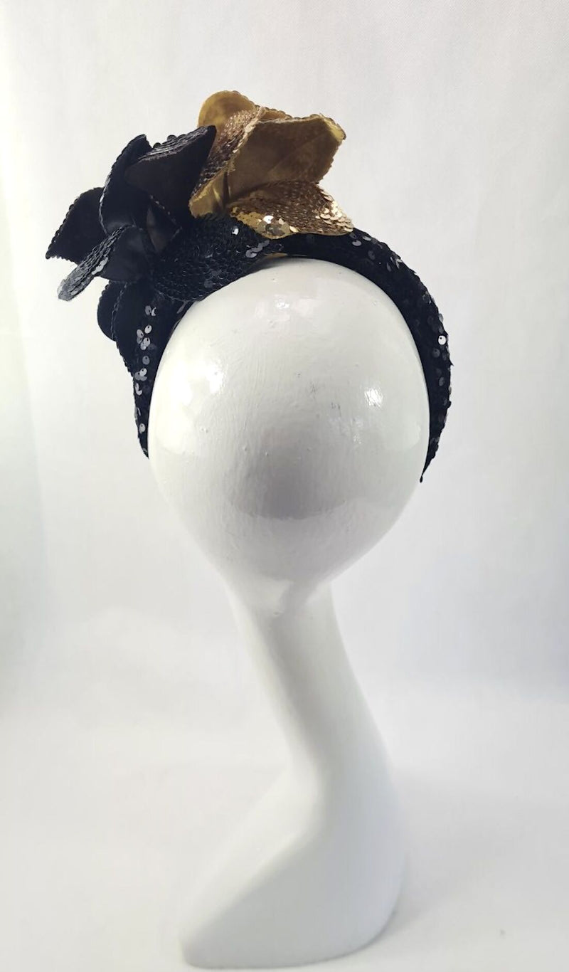 Velvet Sequin Headband with Sequin Flowers for Wedding, Races or Special Occasion