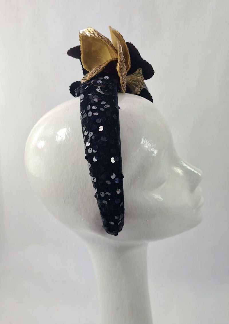 Velvet Sequin Headband with Sequin Flowers for Wedding, Races or Special Occasion