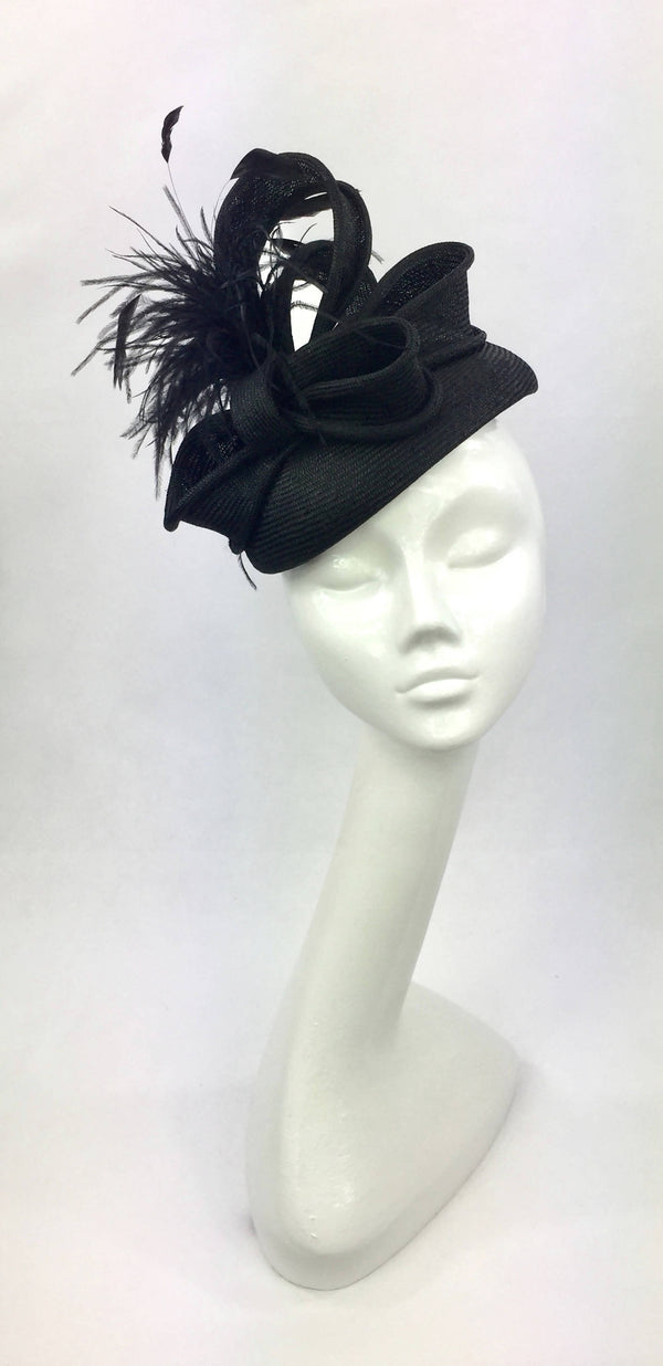 Black Parisisal Pillbox Hat with Bows and Feather Trim