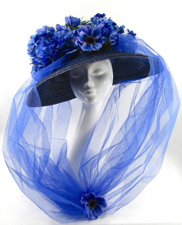 Raffia Sewn Straw and Tulle Hat in Royal Blue