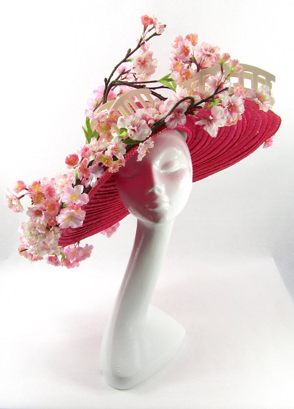 Bespoke Raffia Sewn Straw Pink Blossom Hat