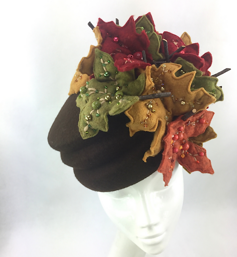 Bespoke Brown Wool Felt Hat with Autumnal Beaded Leaves