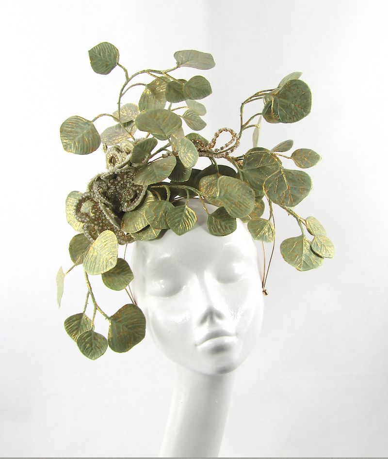 Gold and Green Leaf Headdress for Wedding, Ascot, Kentucky Derby, Galway Races, Dubai World Cup, Melbourne Cup