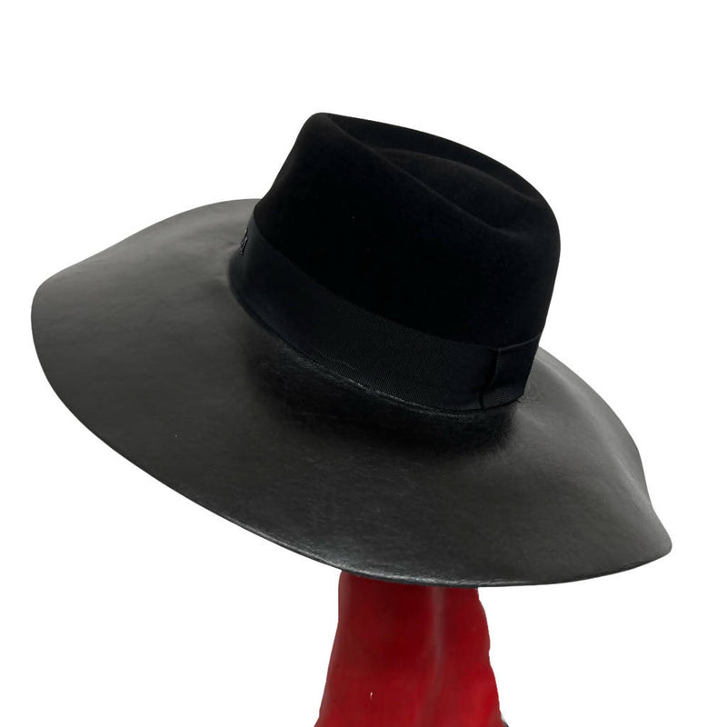 Vintage Masion Michel Paris All Black Chic Leather Felt Wide Brim Hat