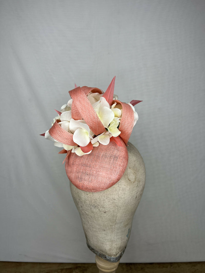 Bright Coral Percher Hat with White Hydrangea Flowers and Coral Feathers