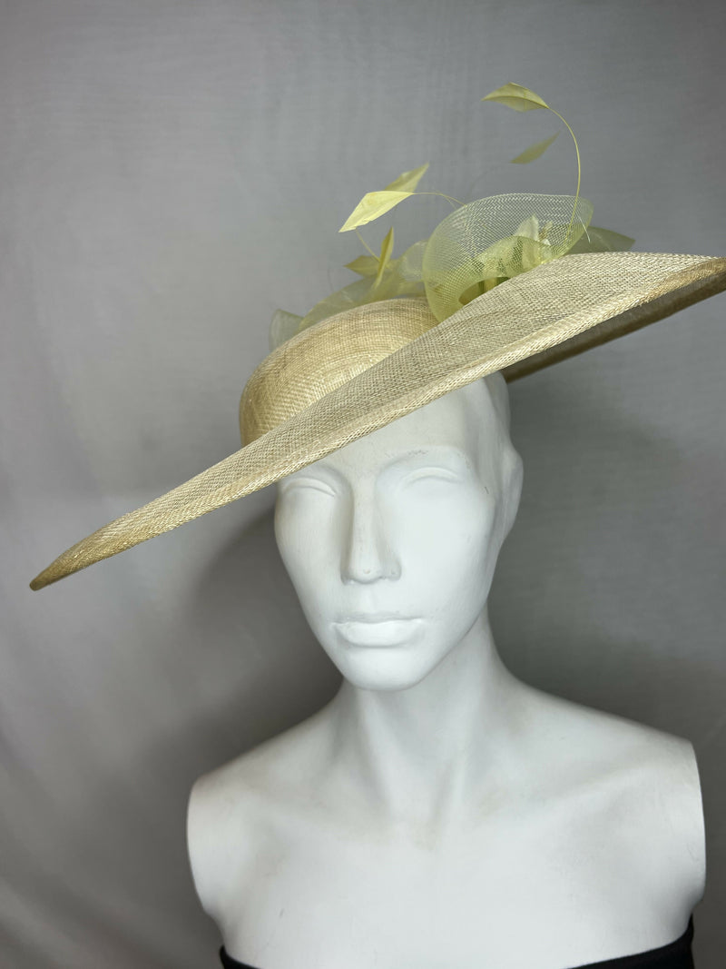 Large Primrose Yellow Wide Brimmed Hat with Shallow Crown, Yellow Roses, Crin and Feathers - can be made in other colour combinations