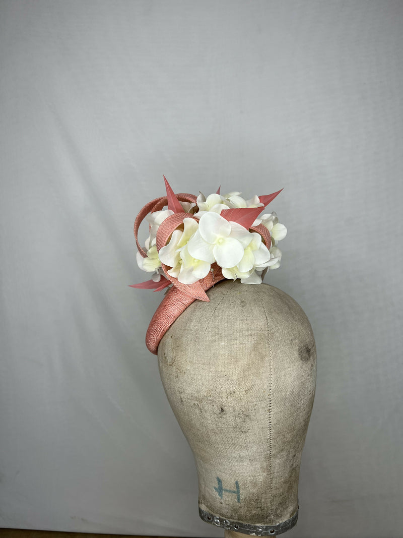 Bright Coral Percher Hat with White Hydrangea Flowers and Coral Feathers