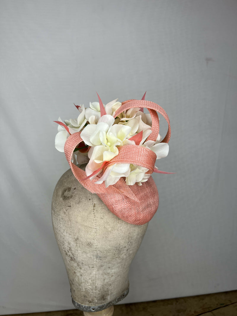 Bright Coral Percher Hat with White Hydrangea Flowers and Coral Feathers