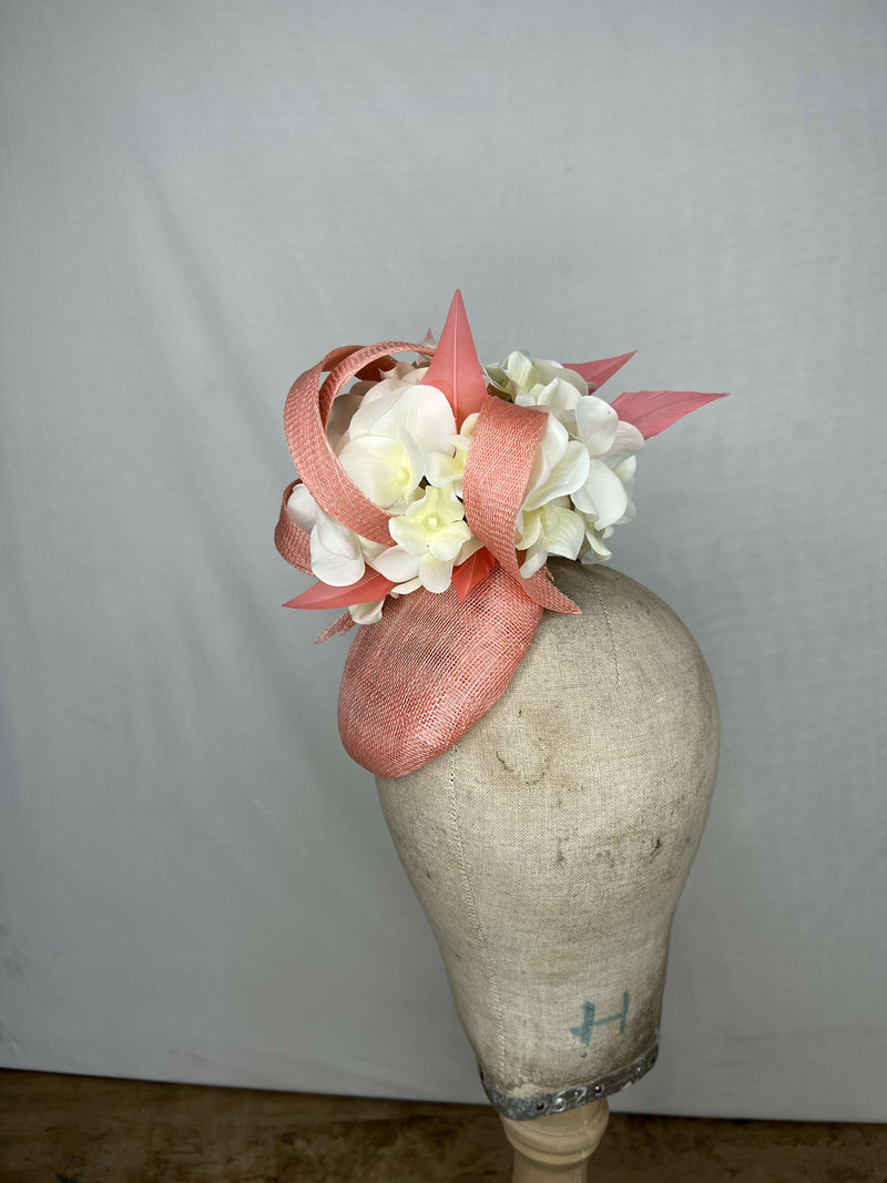 Bright Coral Percher Hat with White Hydrangea Flowers and Coral Feathers