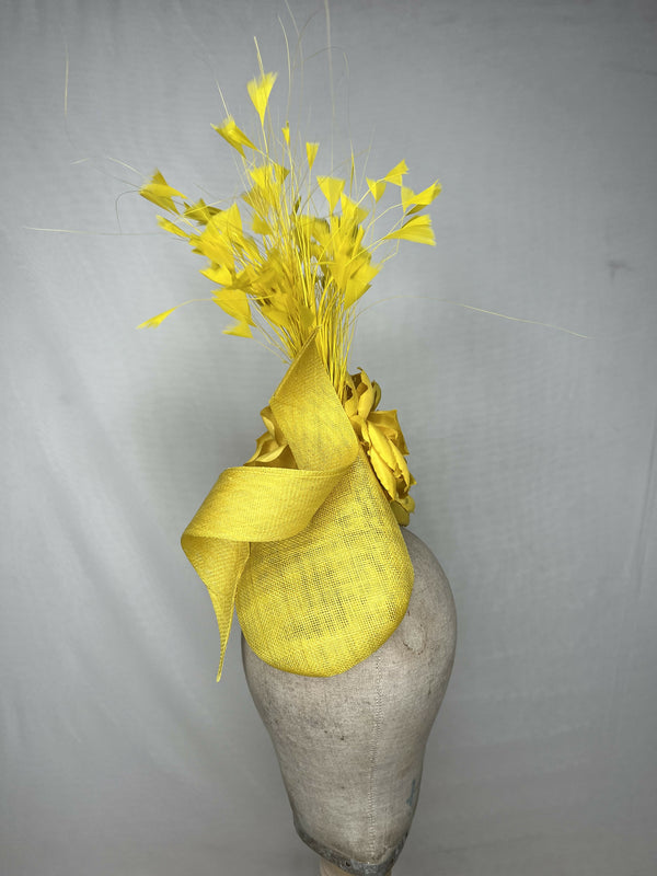 Bright Yellow Pointed Percher Hat with Twist and Flowers and Yellow Feathers