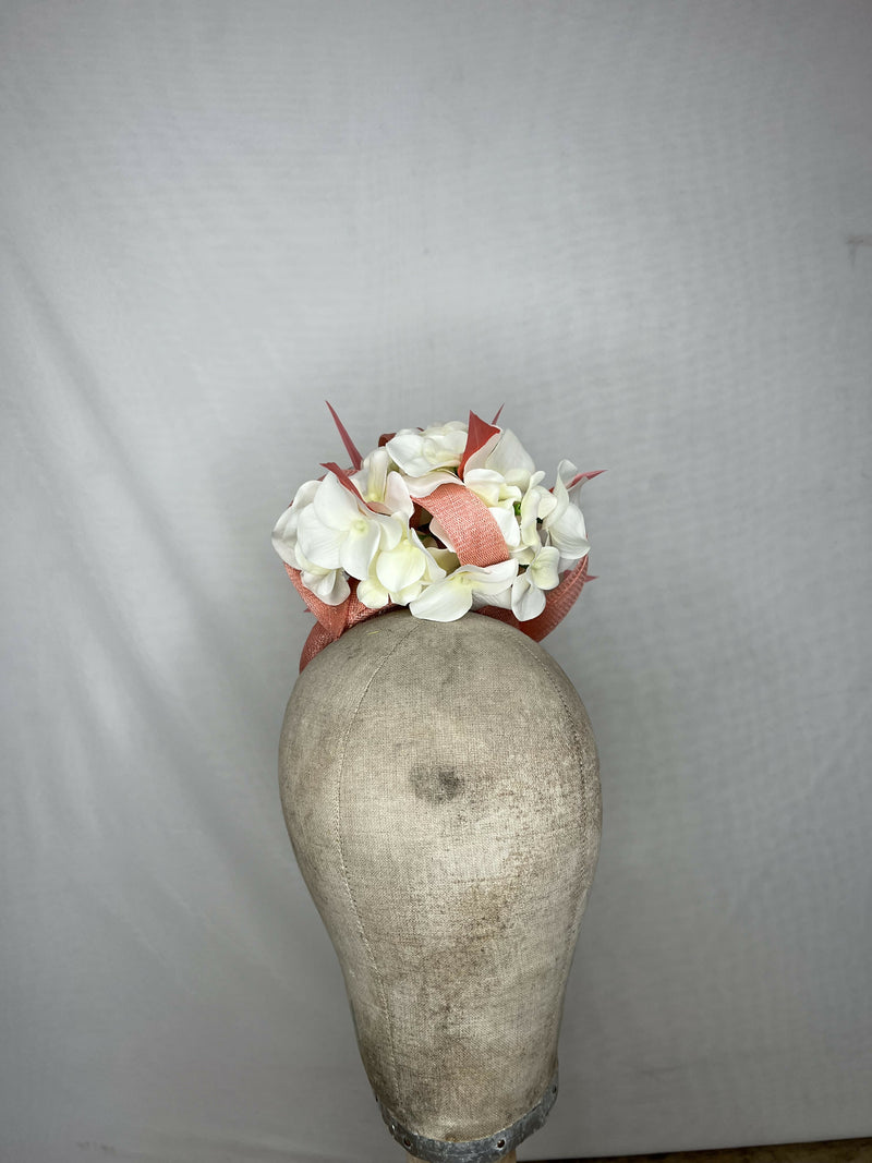 Bright Coral Percher Hat with White Hydrangea Flowers and Coral Feathers