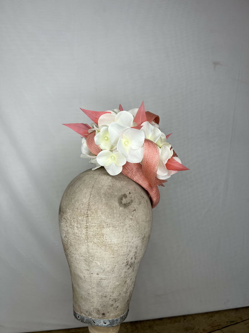 Bright Coral Percher Hat with White Hydrangea Flowers and Coral Feathers