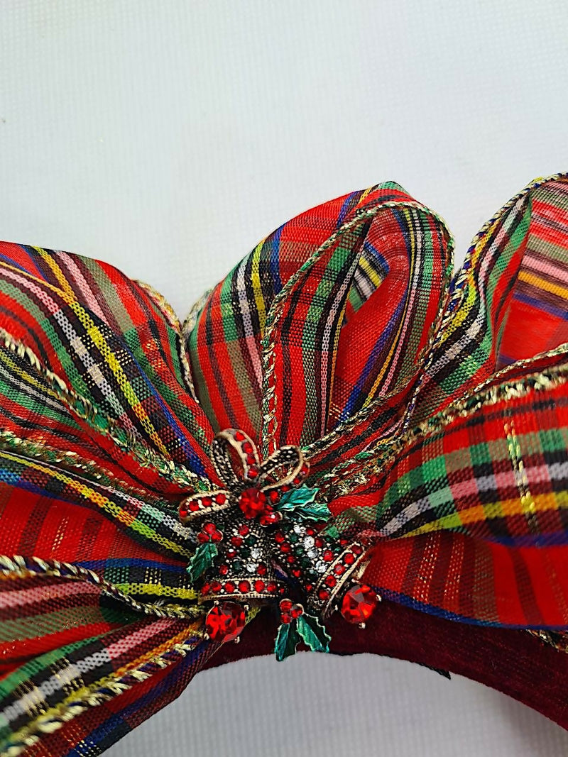 Velvet Sequin Headband with Tartan Bow Wedding, Races, Special Occasion or Christmas