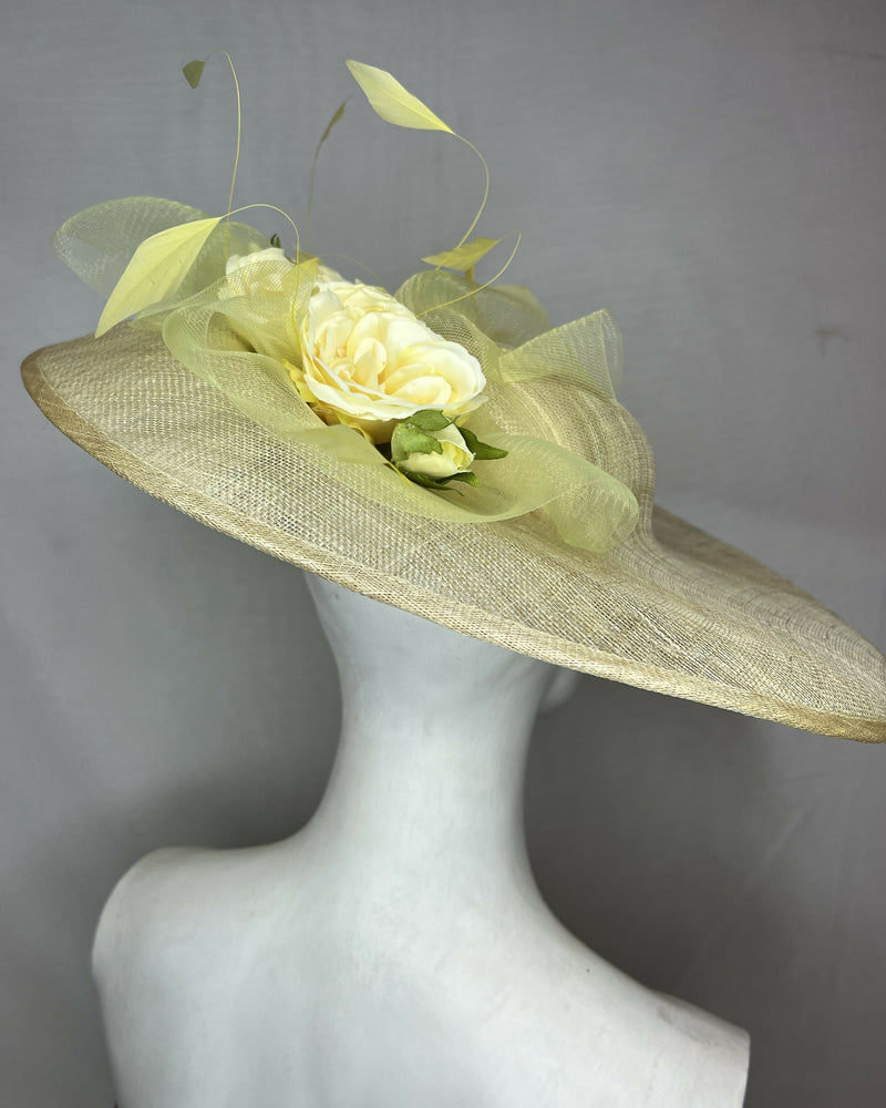 Large Primrose Yellow Wide Brimmed Hat with Shallow Crown, Yellow Roses, Crin and Feathers - can be made in other colour combinations