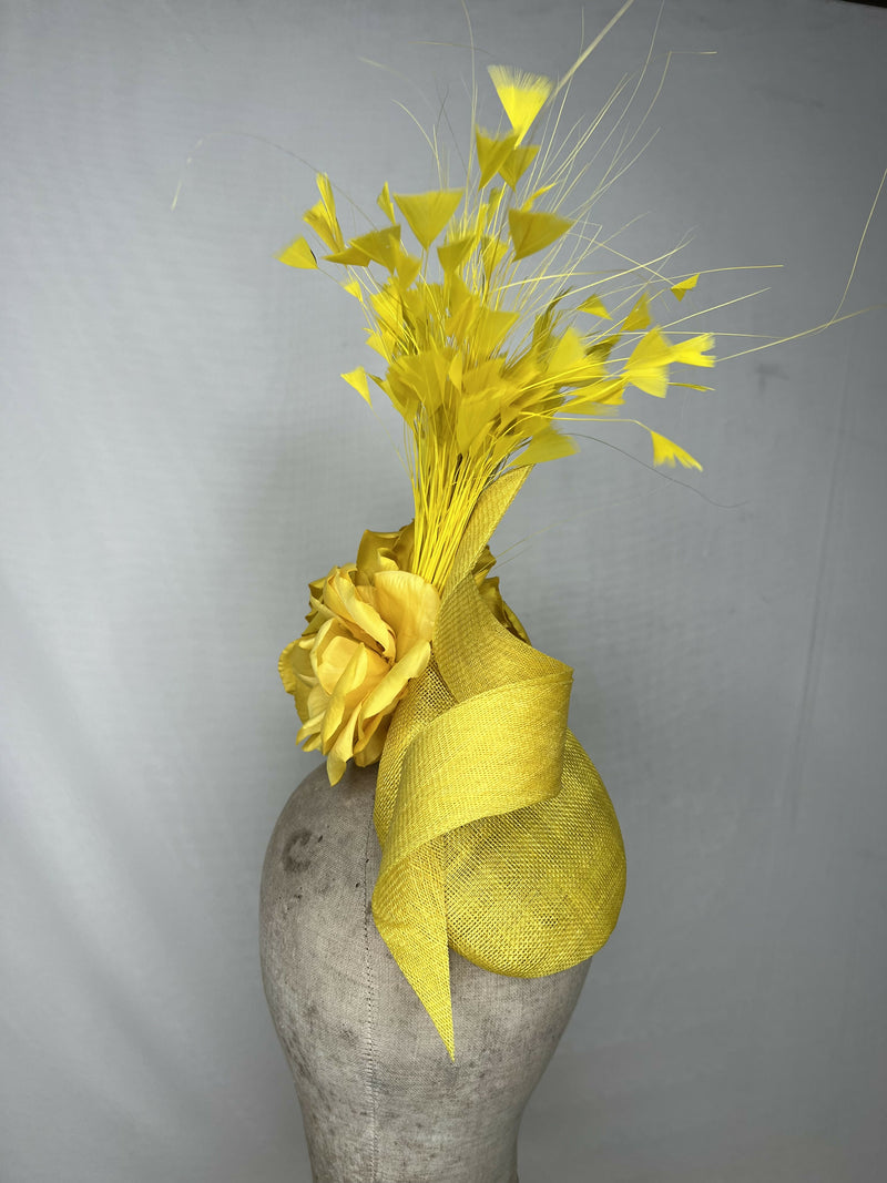 Bright Yellow Pointed Percher Hat with Twist and Flowers and Yellow Feathers