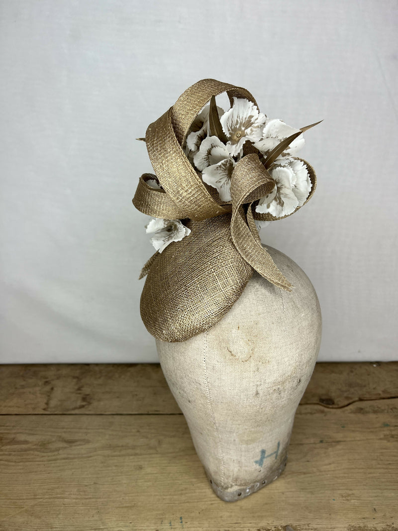 Antique Gold Percher Hat with White Hydrangea Flowers and Gold Feathers