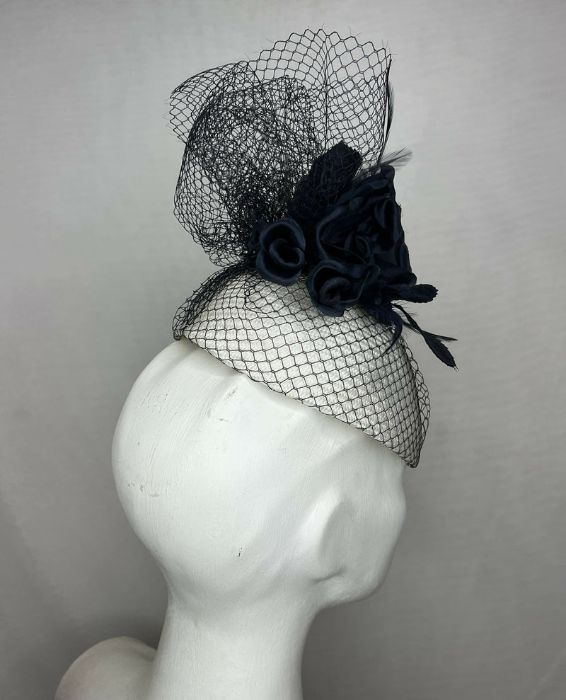 White Straw Pointed Beret Hat with Dark Navy Small Veiling with Silk Flowers and Feathers - can be made in other colour combinations