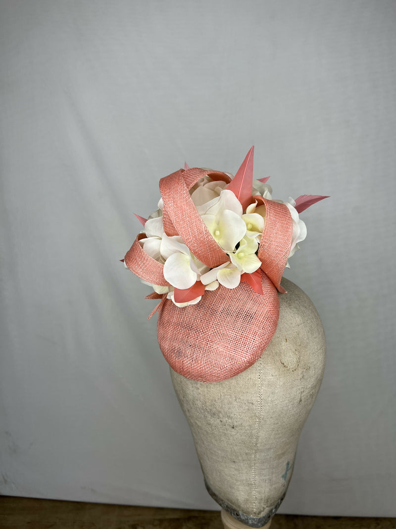 Bright Coral Percher Hat with White Hydrangea Flowers and Coral Feathers