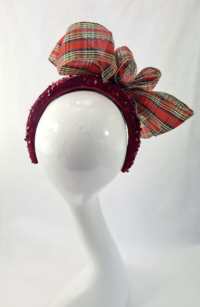 Velvet Sequin Headband with Tartan Bow Wedding, Races, Special Occasion or Christmas