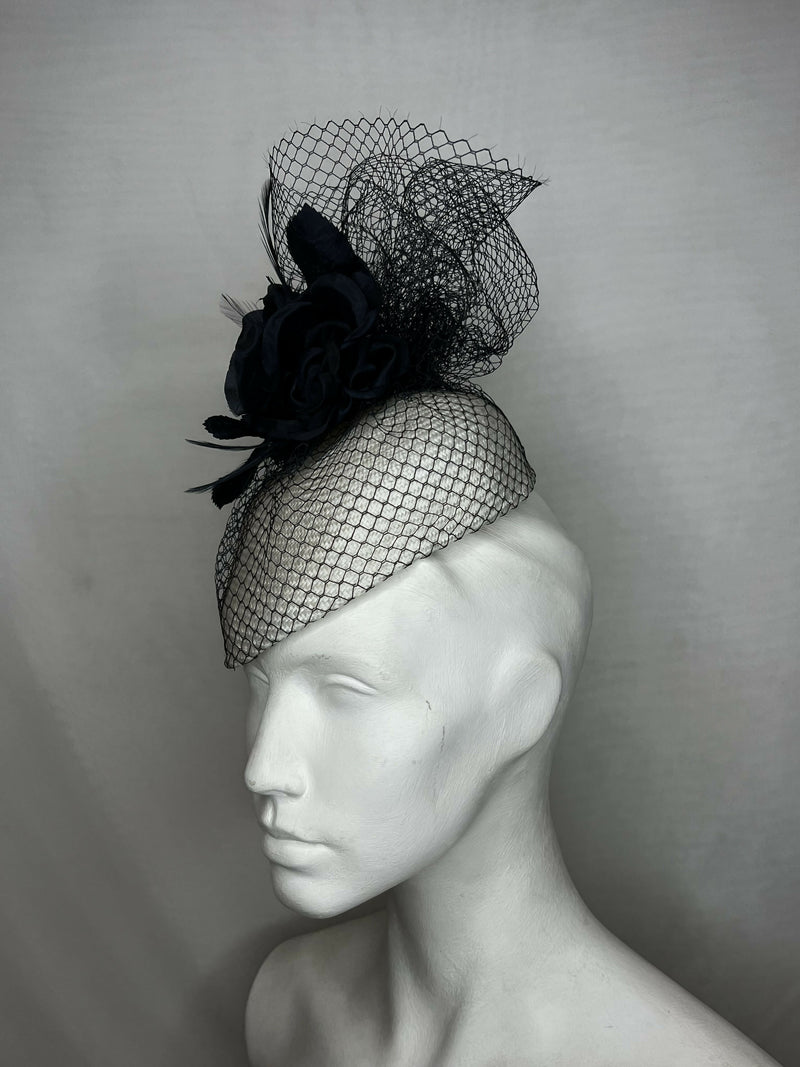 White Straw Pointed Beret Hat with Dark Navy Small Veiling with Silk Flowers and Feathers - can be made in other colour combinations