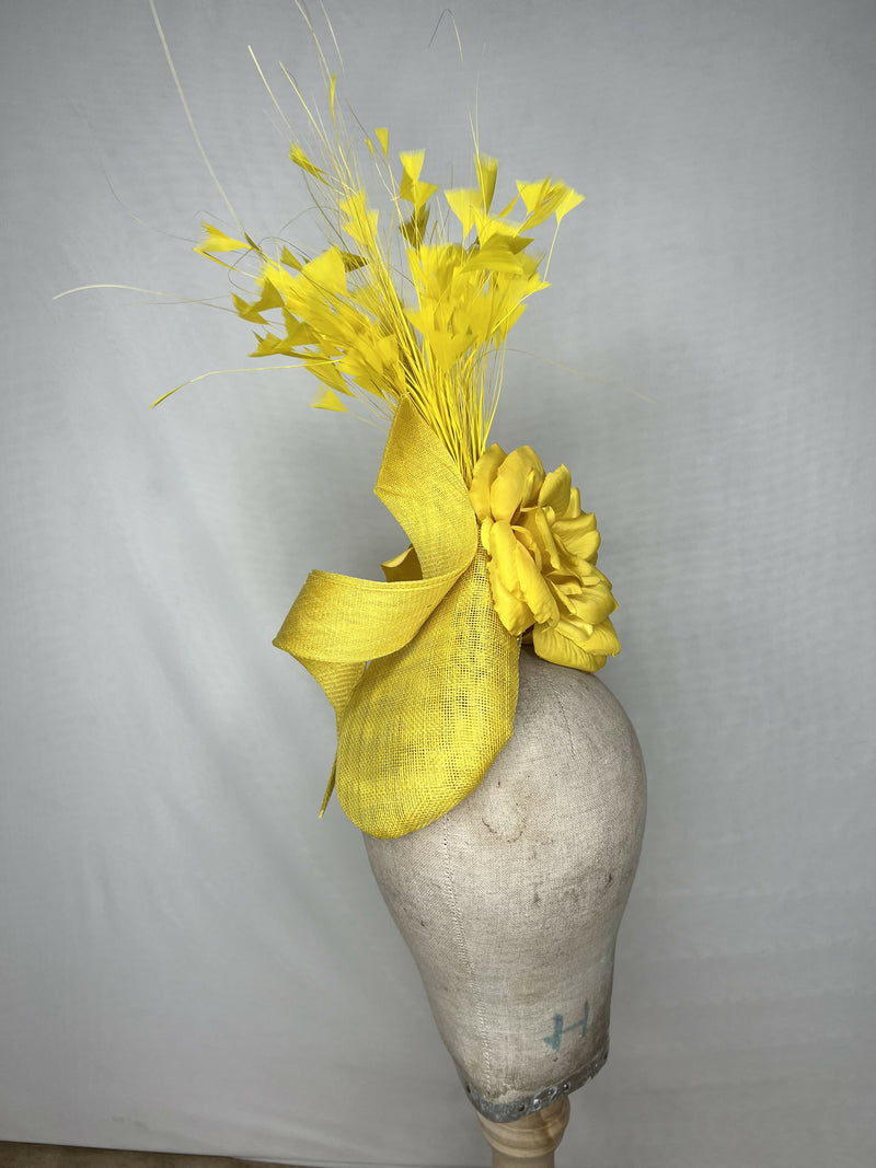 Bright Yellow Pointed Percher Hat with Twist and Flowers and Yellow Feathers