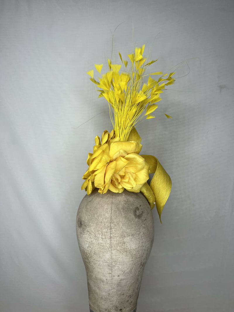 Bright Yellow Pointed Percher Hat with Twist and Flowers and Yellow Feathers