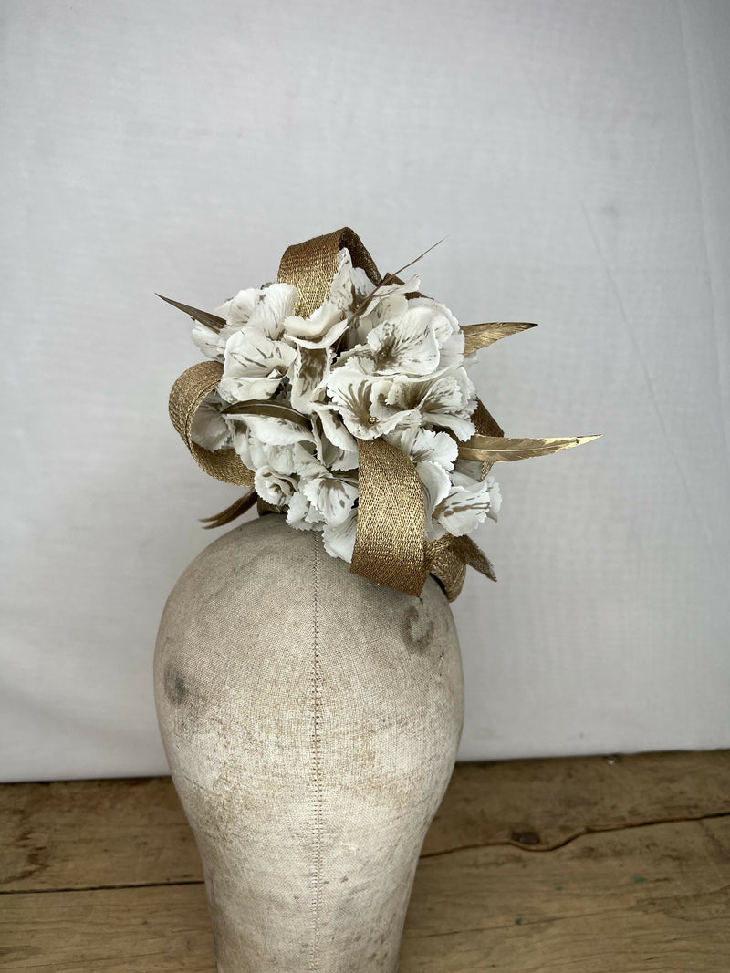 Antique Gold Percher Hat with White Hydrangea Flowers and Gold Feathers