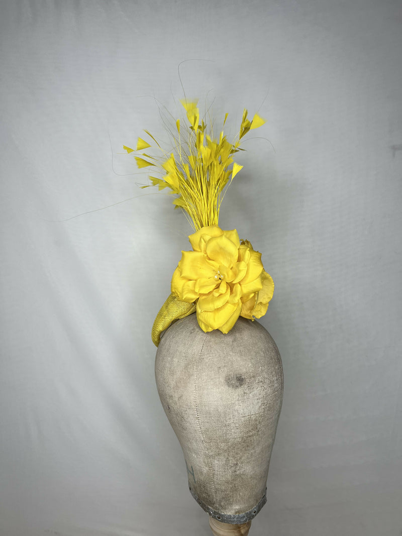 Bright Yellow Pointed Percher Hat with Twist and Flowers and Yellow Feathers