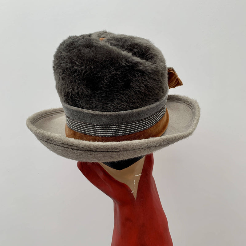 Vintage grey trilby hat with brown belt by Mitzi Lorenz