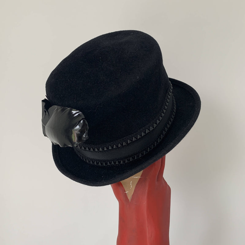 Vintage black felt top hat with feather by Stephen Jones made in England
