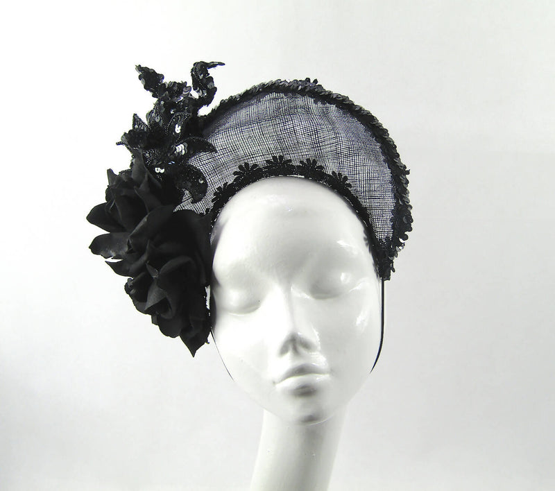 Black Sinamay Flower & Lace Headband