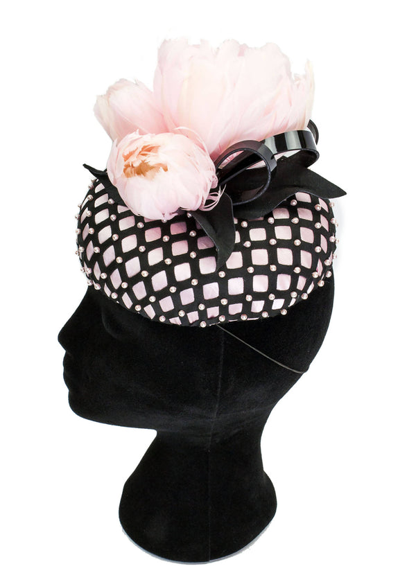 Patent, Pearls and Peony Oval Button Fascinator