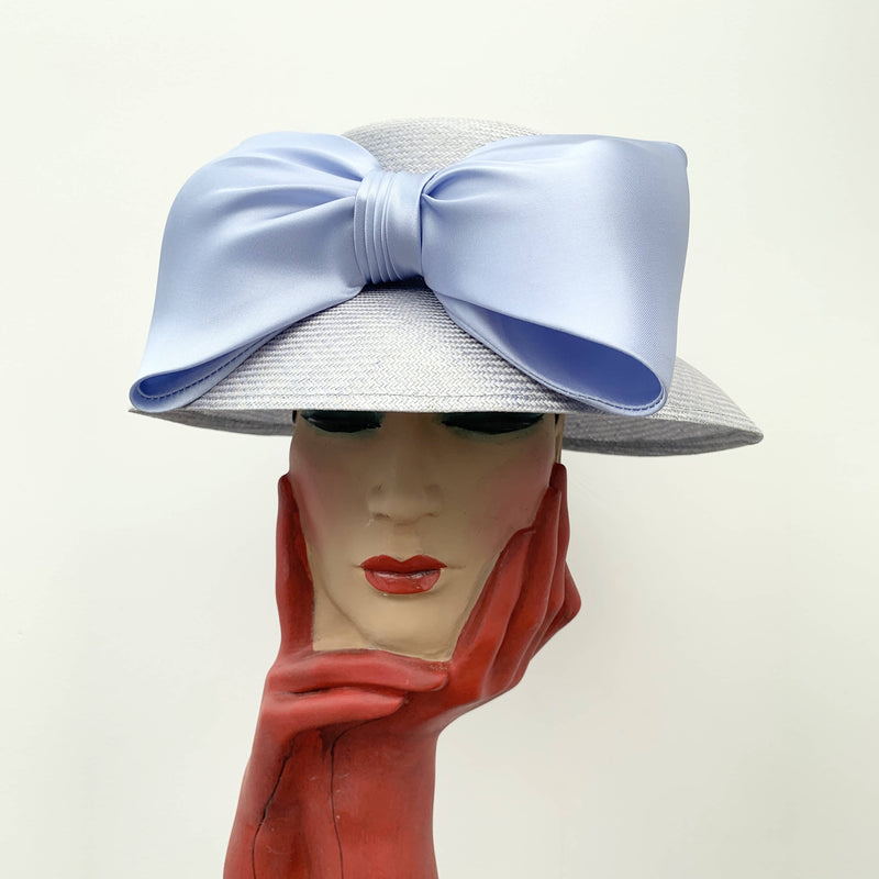 Vintage blue straw cloche hat with silk decorative ribbon by Bermona Trend made in England