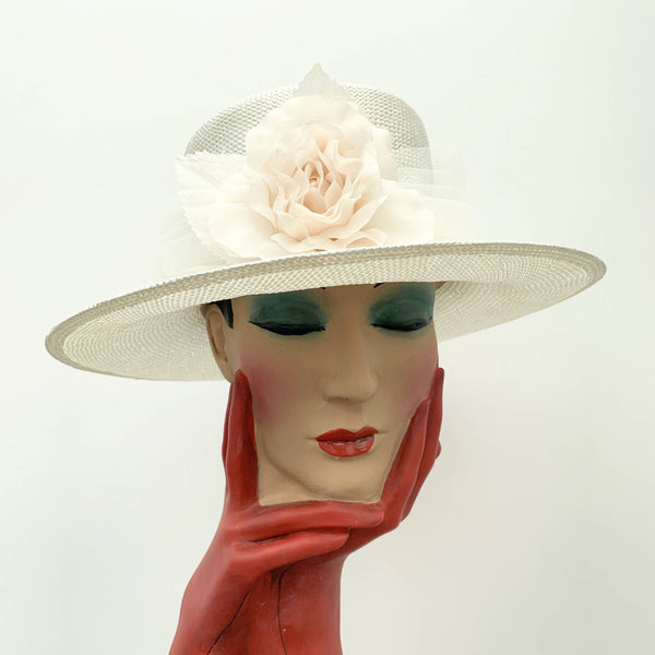 Vintage beige straw boater hat with decorate flower by Selfridges & Co made in Italy