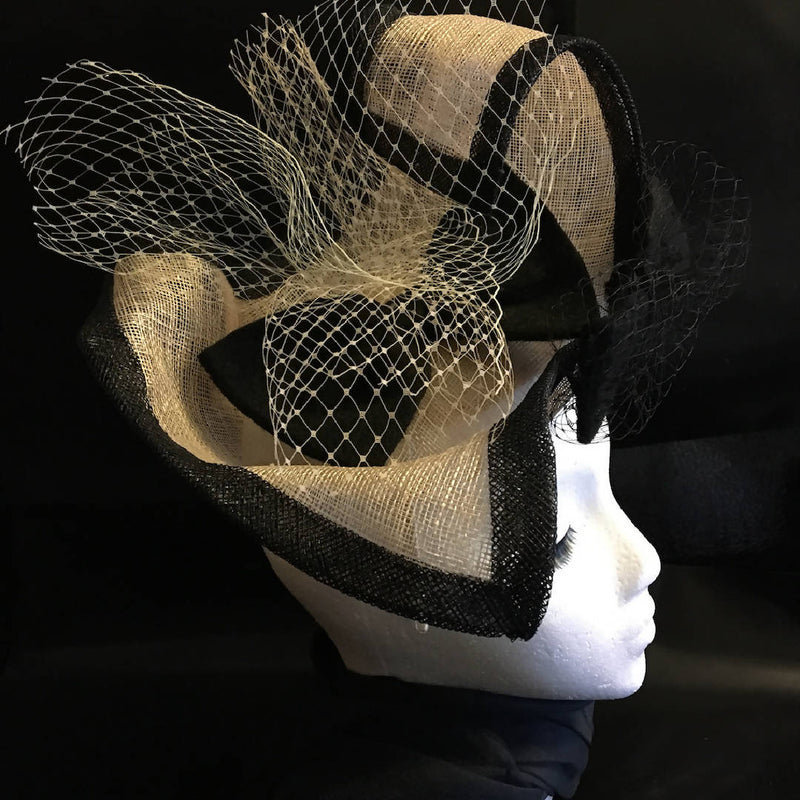 natural/wheat + black curvy fascinator with bows, veiling. Race day hat, Mother of the bride, Easter, Ascot, Derby. "Mary"
