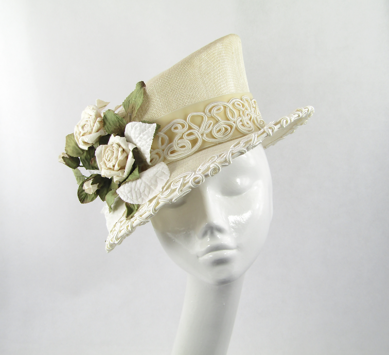 Ivory Sinamay Hat with Velvet Leaves & Paper Roses for Wedding, Races, Royal Garden Party, Special Occasion