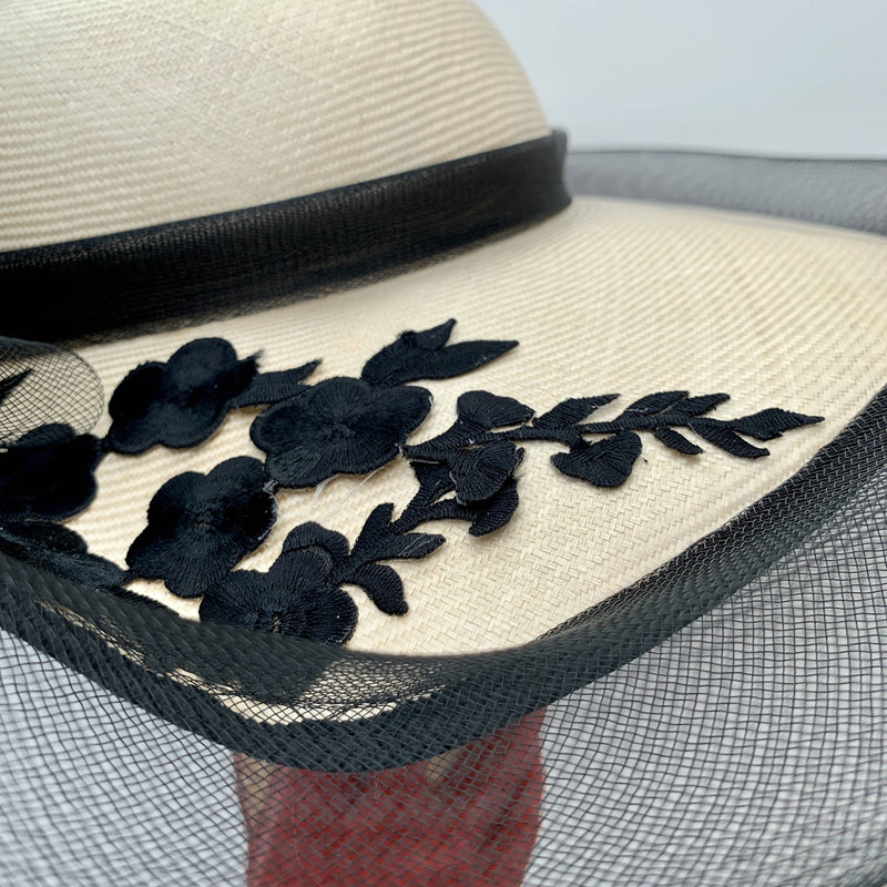 Vintage ladies fashion black & white straw hat with flower patterned design by Mitzi Lorenz made in England