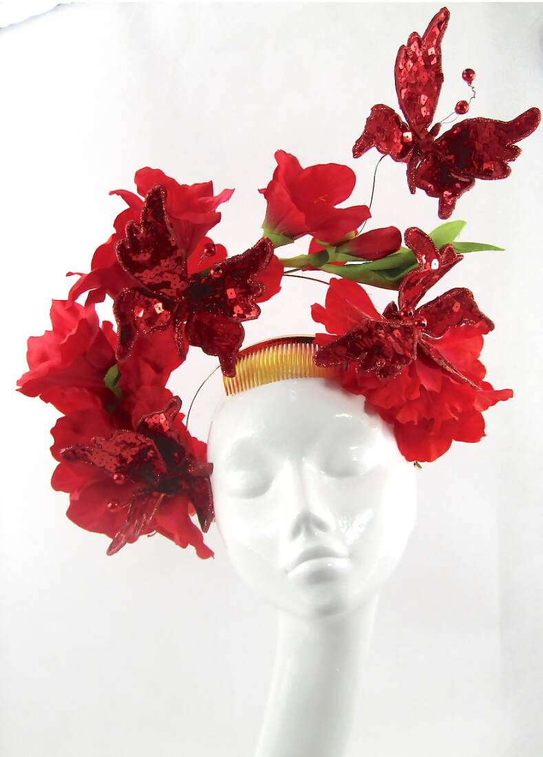 Red Flower & Sequined Butterfly Headdress