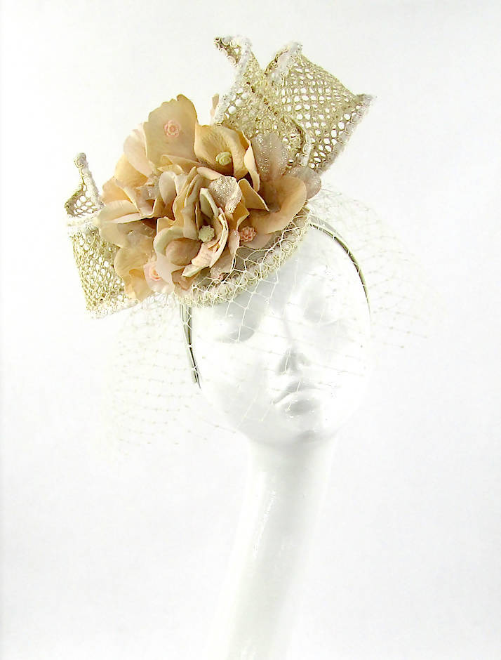 Peach and Ivory Open Straw Bow and Flower Headdress