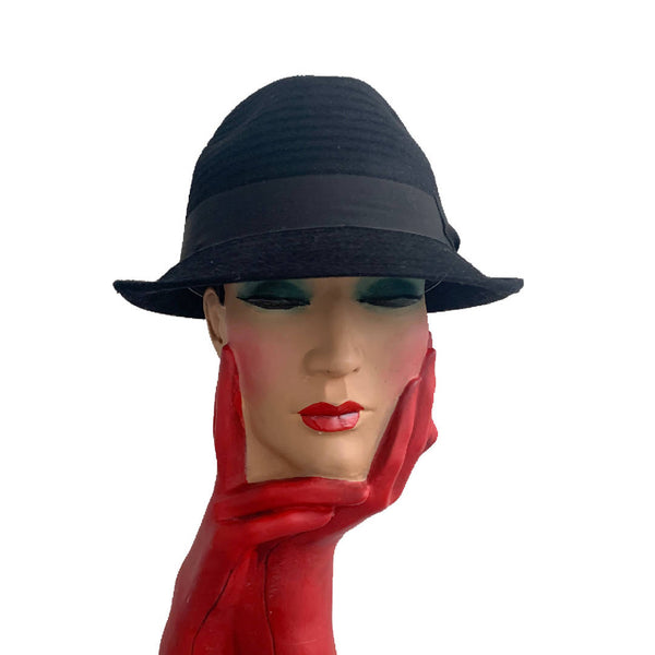 Vintage Philip Treacy stylish Black velvety ribbed felt trilby hat