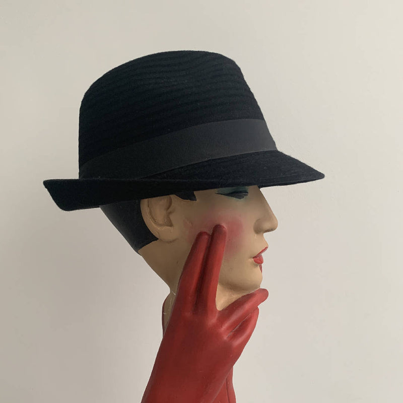 Vintage Philip Treacy stylish Black velvety ribbed felt trilby hat