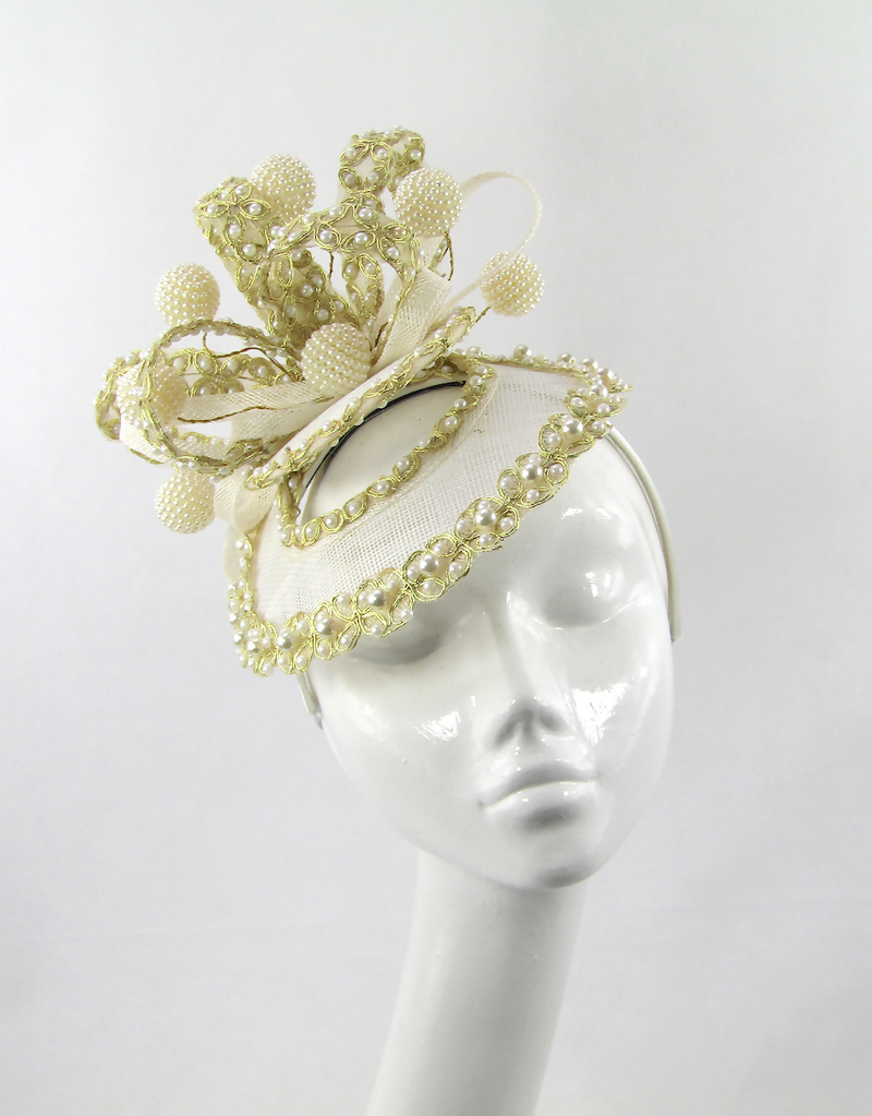 Ivory Sinamay Fascinator with Pearl & Gold Trim for Weddings, Races, Special Occasions, Royal Garden Party
