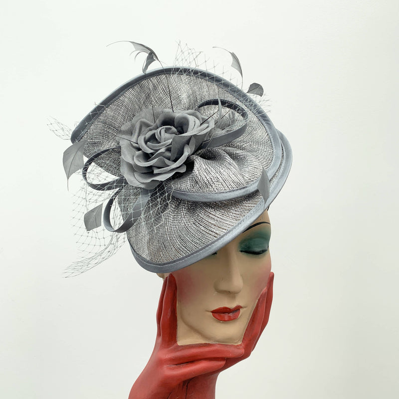 Vintage grey cocktail hat with decorative flower by Stephen Jones
