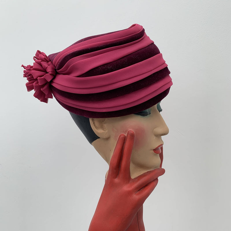 Vintage pink cloche hat with red stripes