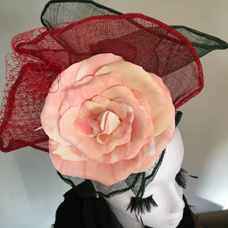 RED + GREEN FASCINATOR WITH LARGE ROSE, Race day hat, Ascot, Easter, Wedding guest "In Bloom"