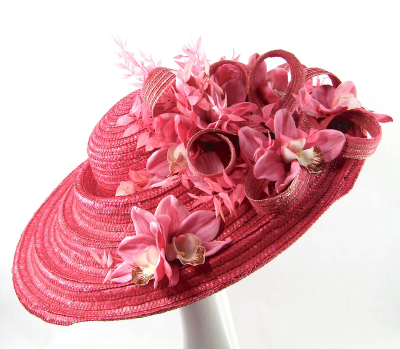 Raffia Sewn Straw Hat in Cerise Pink