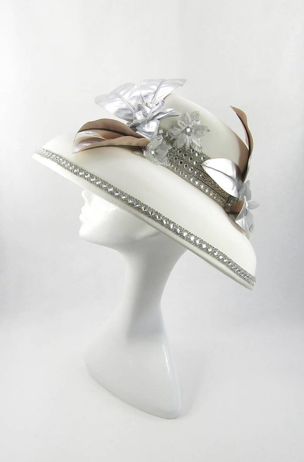 Ivory Down Brim Hat with Crystal & Flower Trim